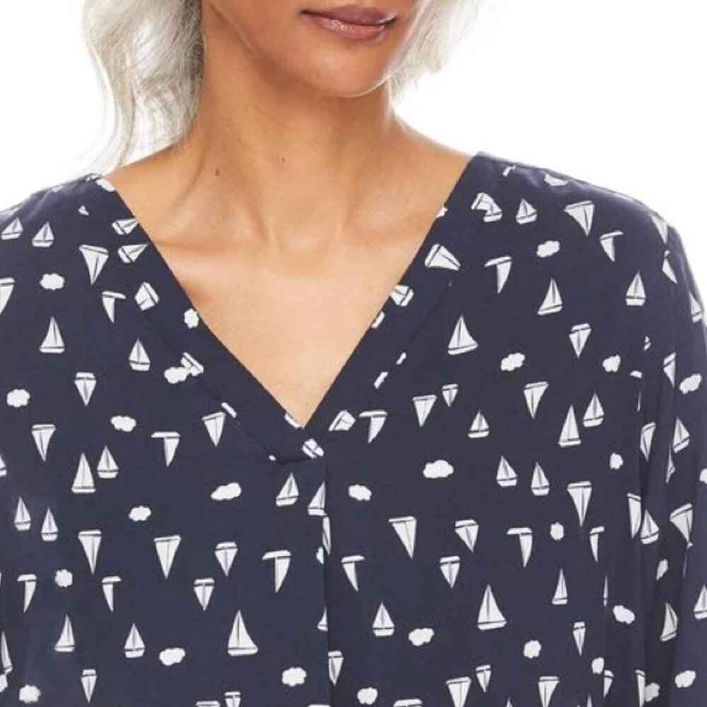 Penmans Navy Sailboat Print Roll Tab Blouse Size 16